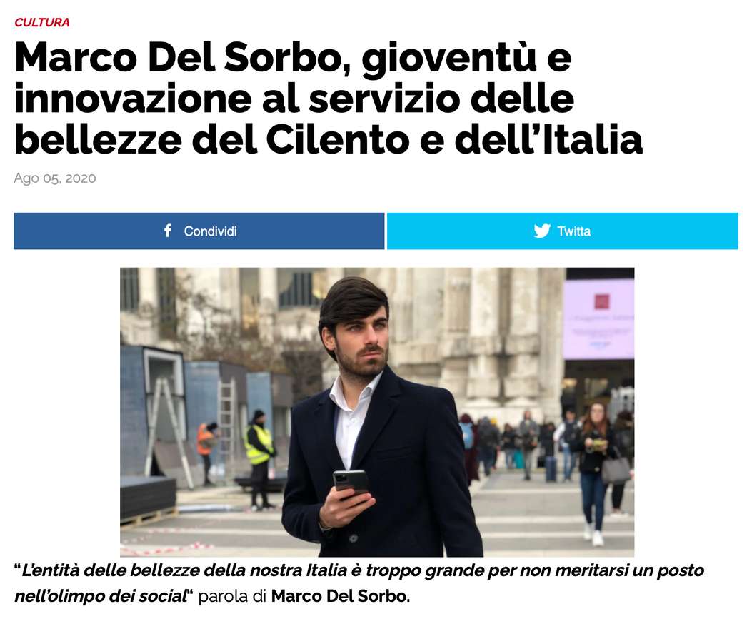 Ritaglio stampa: Marco Del Sorbo, gioventù e innovazione al servizio delle bellezze del Cilento e dell'Italia