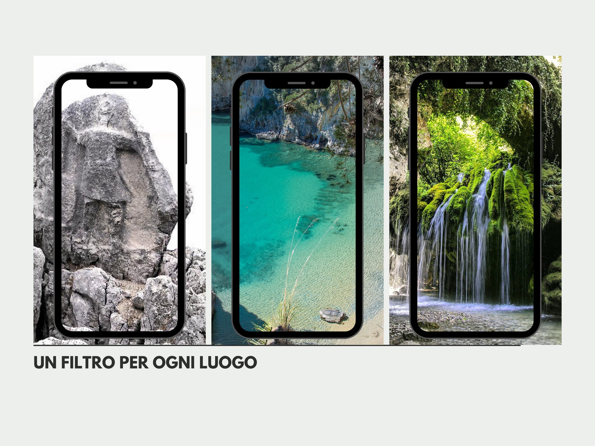 Tre schermi di smartphone con paesaggi del Cilento e la scritta ‘Un filtro per ogni luogo’
