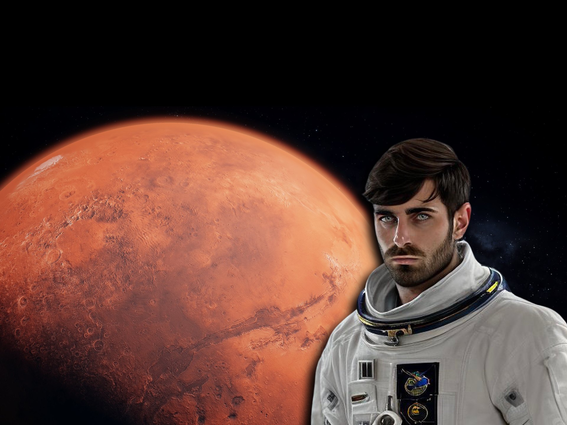 Ritratto in tuta spaziale bianca davanti al pianeta Marte